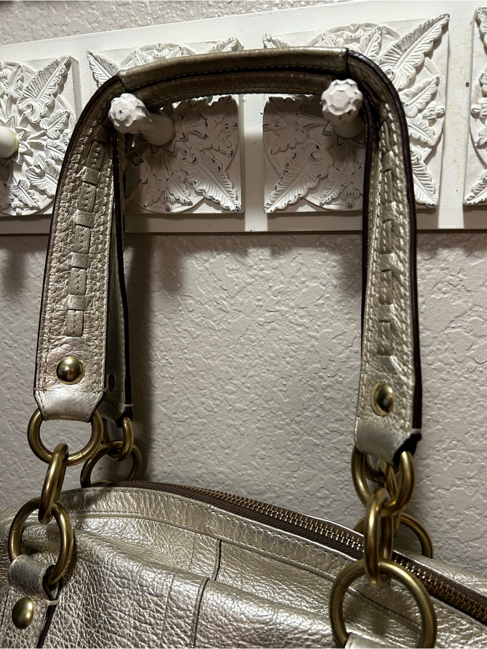 Authentic Coach Metallic Silver Leather Shoulder Bag with Brass Buckle Accents - Picture 14 of 16